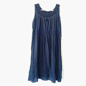 100% Cotton Embroidered MIDI Dress Cottagecore Prairie Minimalist Sz XL Indigo